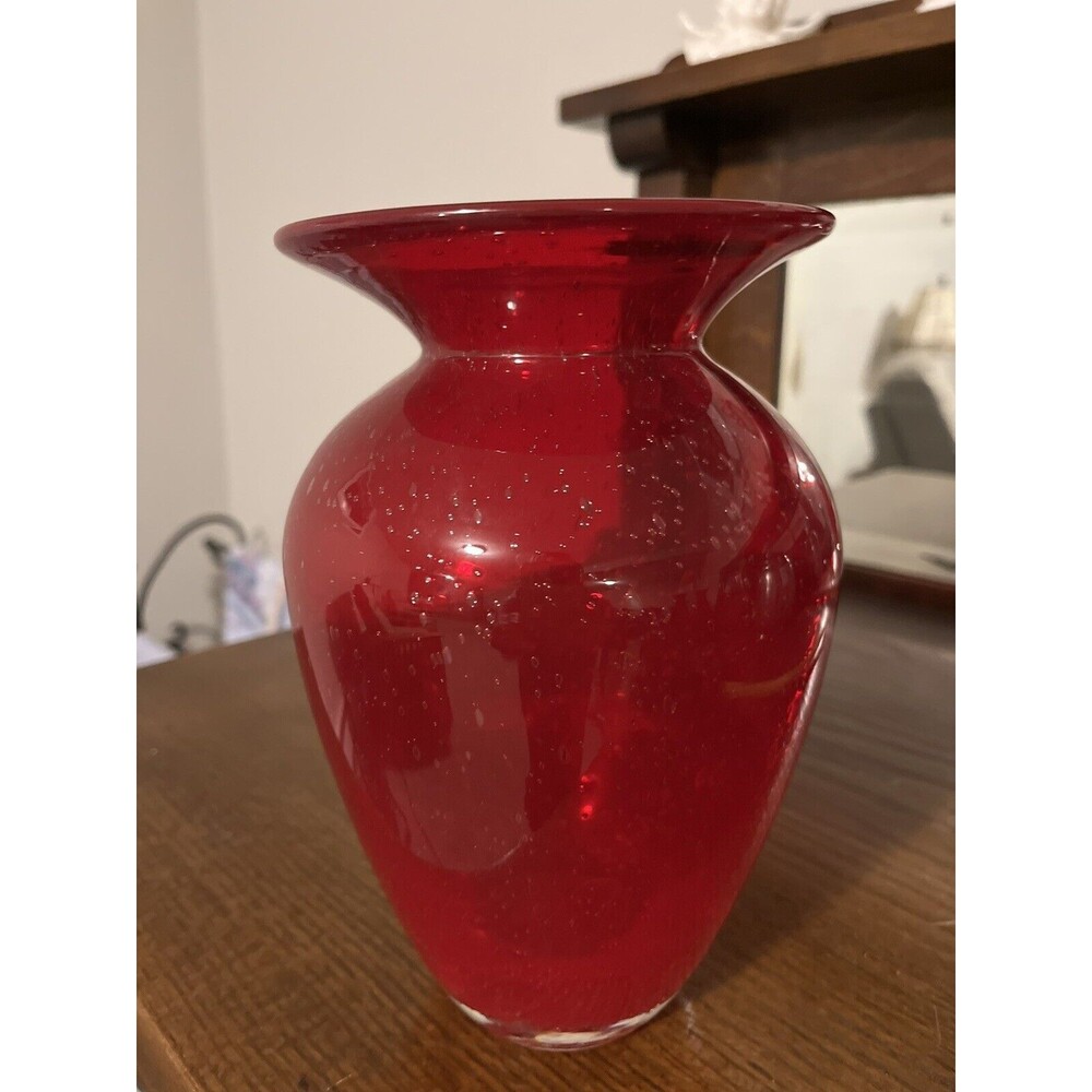 VINTAGE RUBY RED Hand Blown Vase. 8 Inches MCM